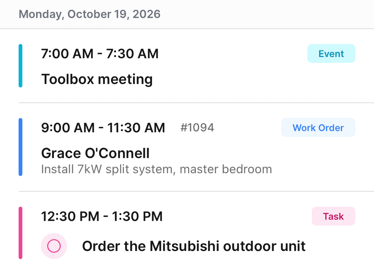 The Schedule List view with a cyan Event for a toolbox meeting, a blue Work Order and a pink Task with a tick circle