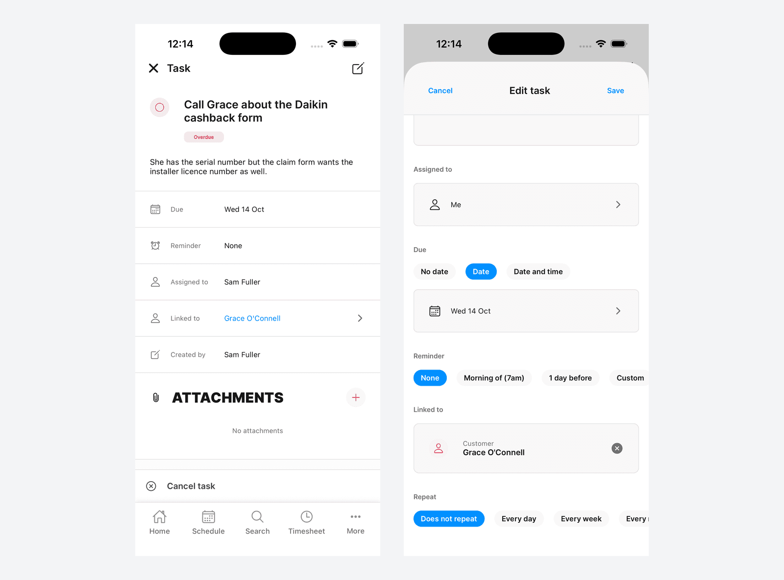The Task screen for "Call Grace about the Daikin cashback form" with its Due, Reminder, Assigned to, Linked to and Created by rows, beside the Edit task screen showing Assigned to, Due, Reminder, Linked to and Repeat