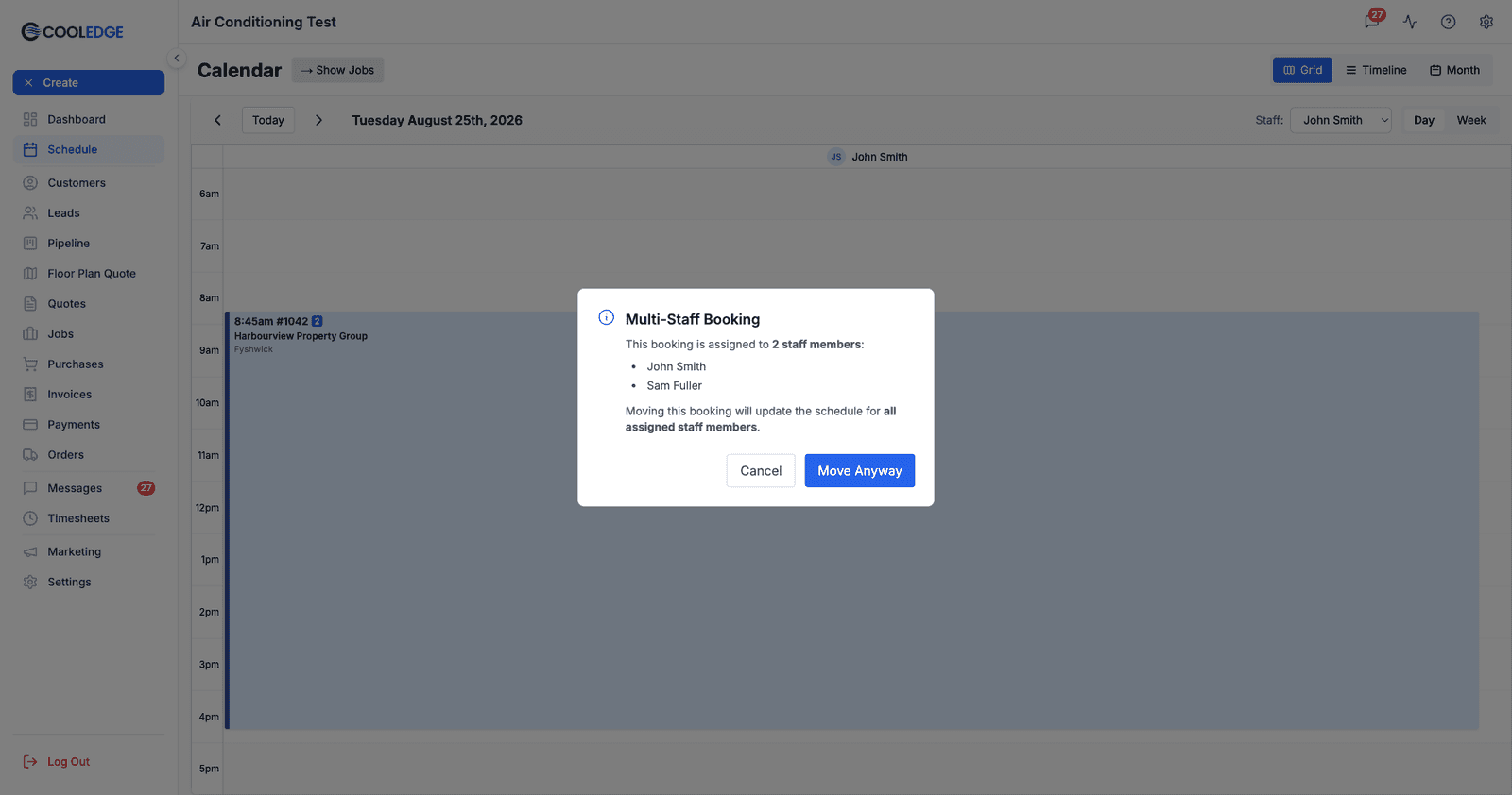 The Multi-Staff Booking modal, listing the two assigned staff members with Cancel and Move Anyway buttons