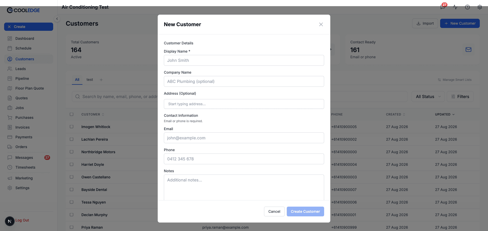 The New Customer form, with Display Name at the top