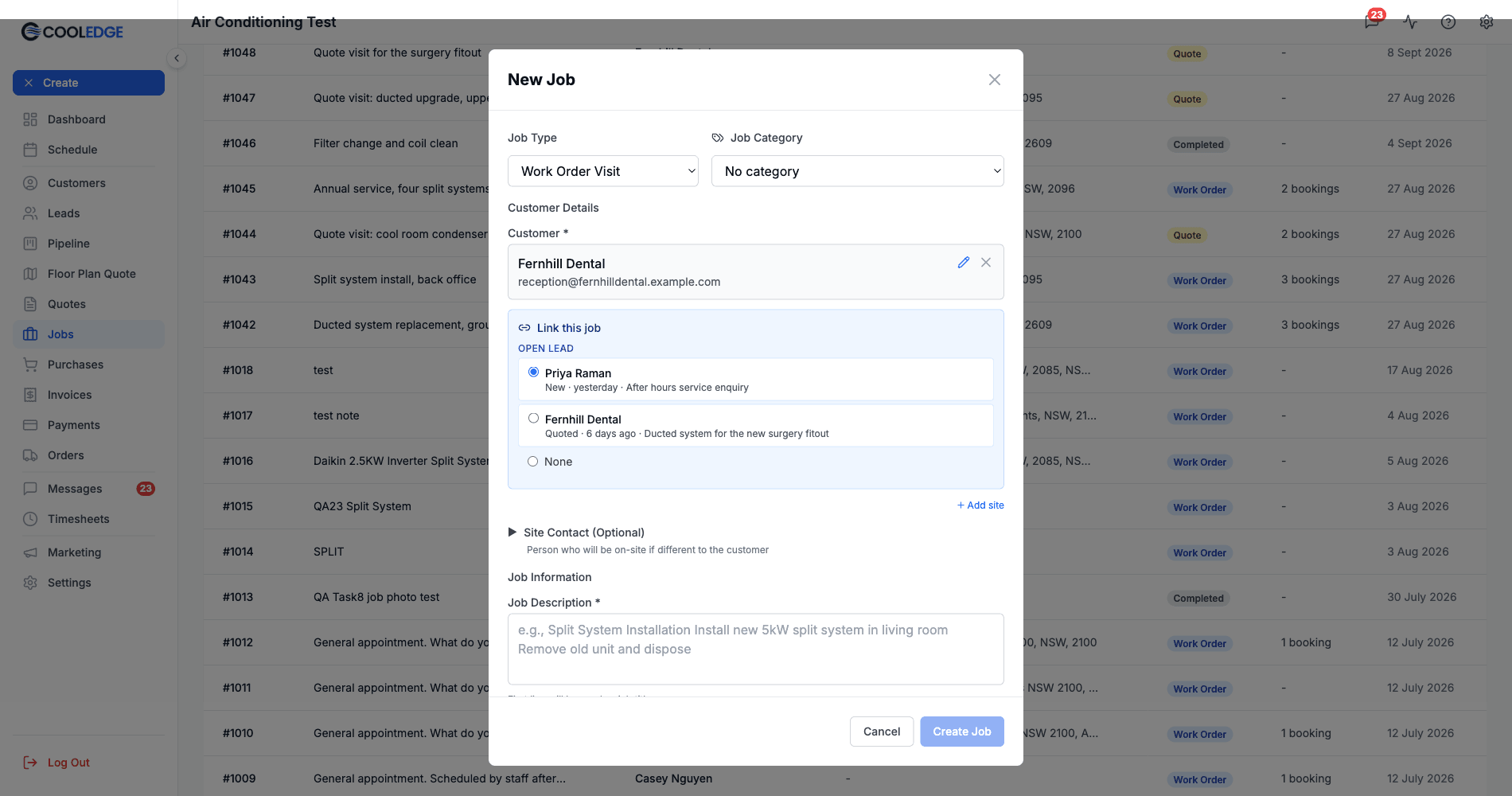 The New Job modal with a customer selected, showing a Link this job panel that lists two open leads and a None option, and no quote visit section