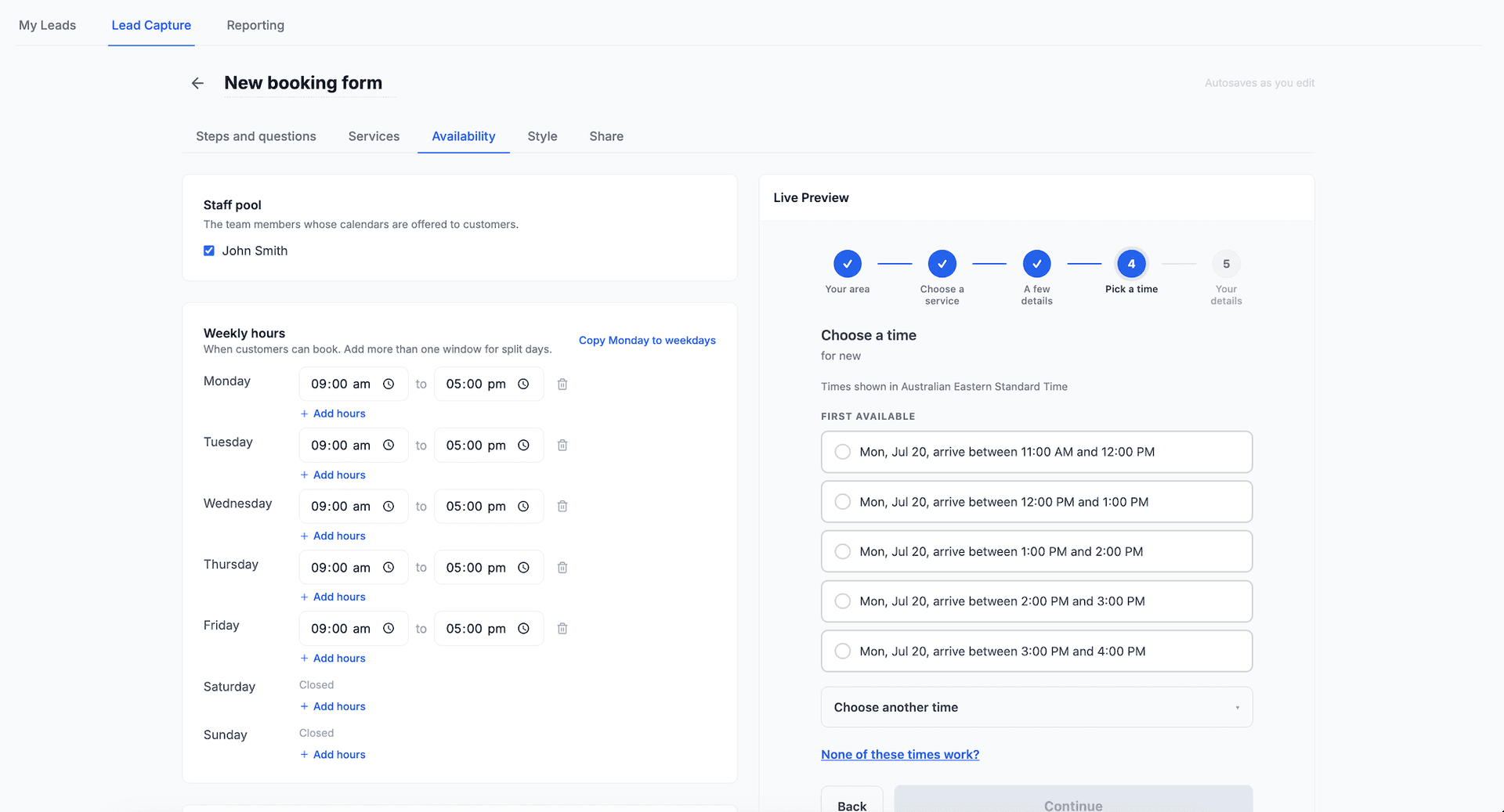 The Availability tab of a Cooledge booking form, showing the staff pool and weekly hours beside a live preview of the customer time picker with arrival windows