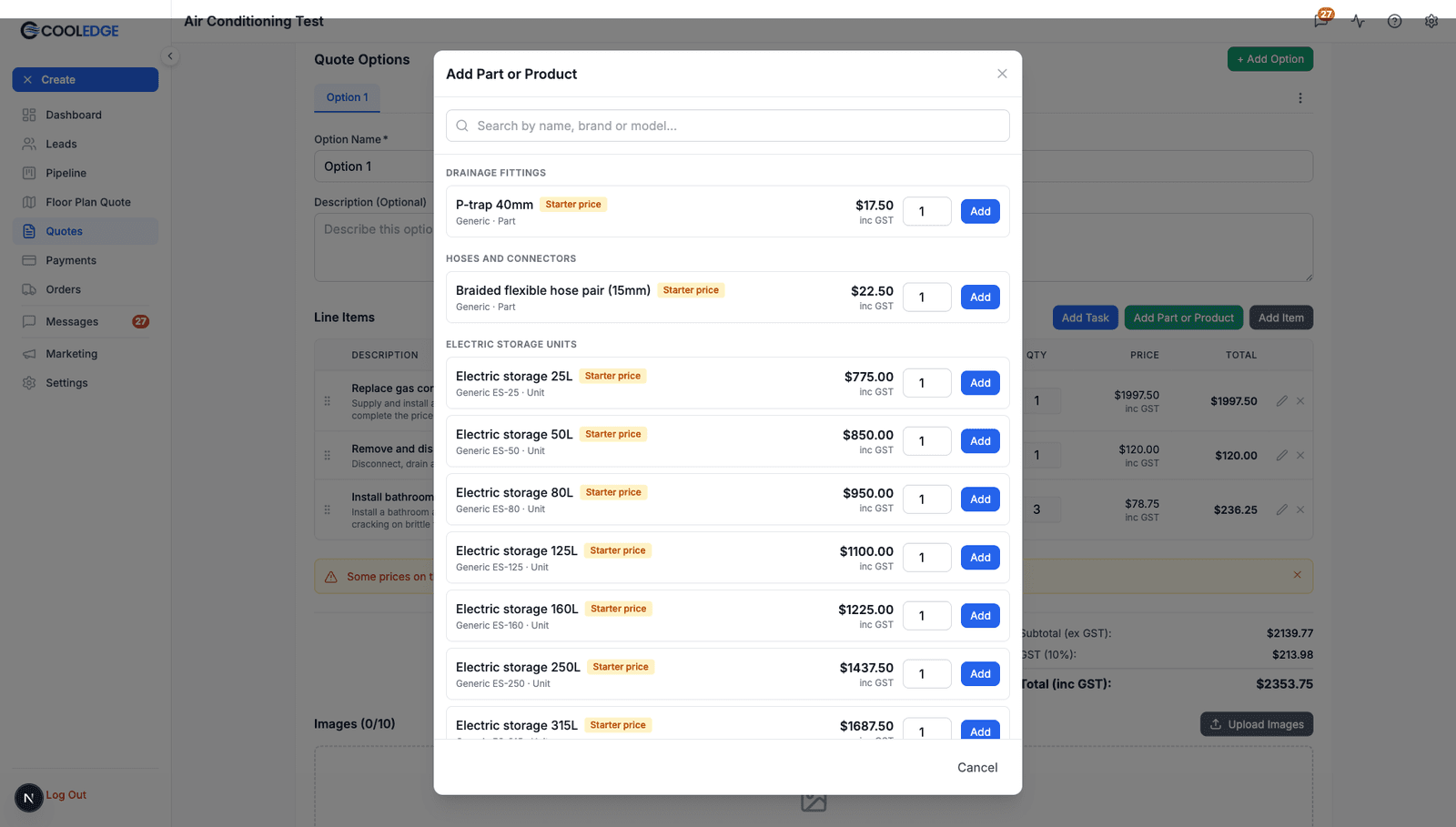Add Part or Product picker grouped by category, each row with a quantity box and an Add button