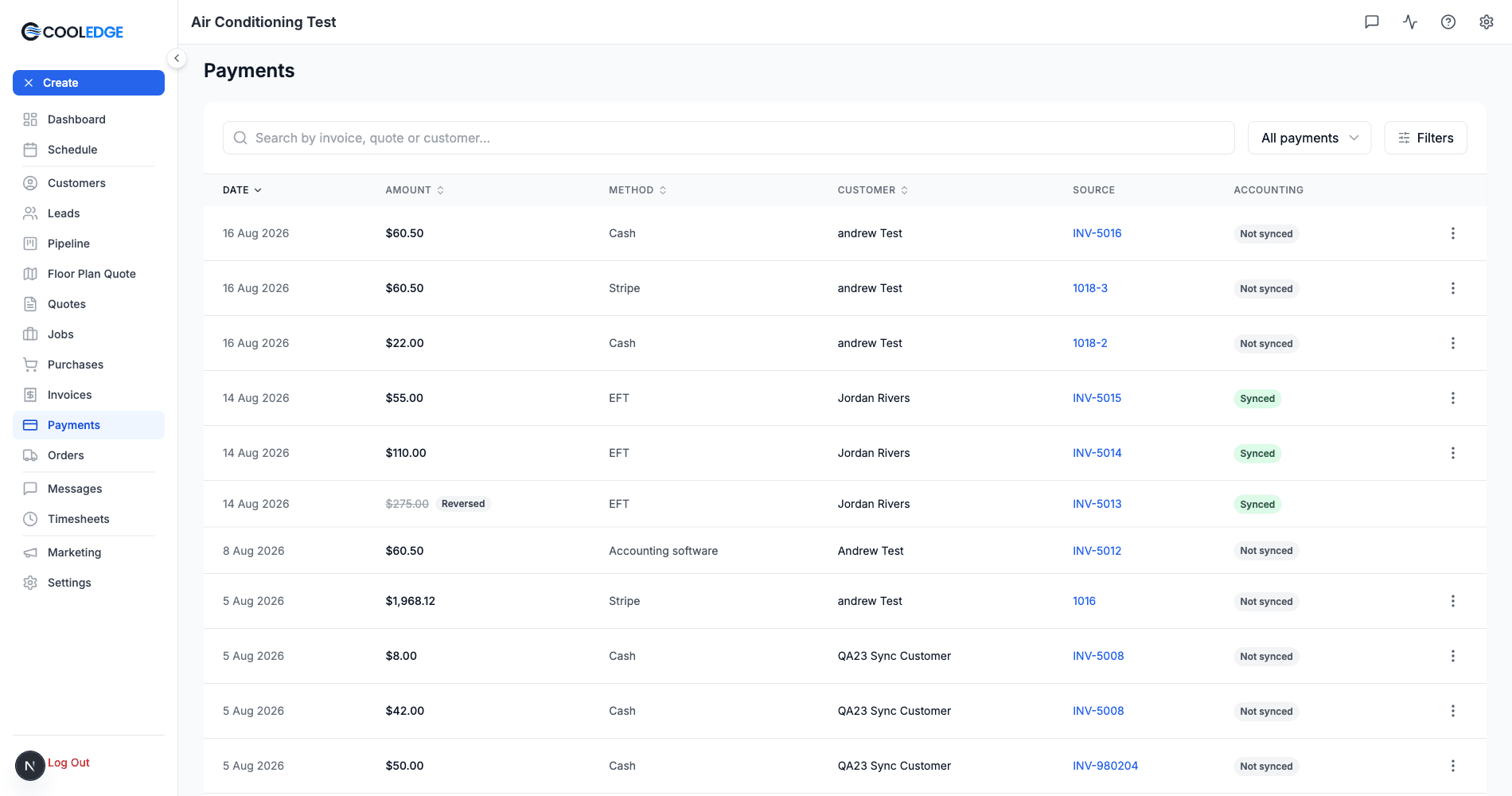 The Payments page listing invoice payments and quote deposits with date, amount, method, customer, source and accounting columns