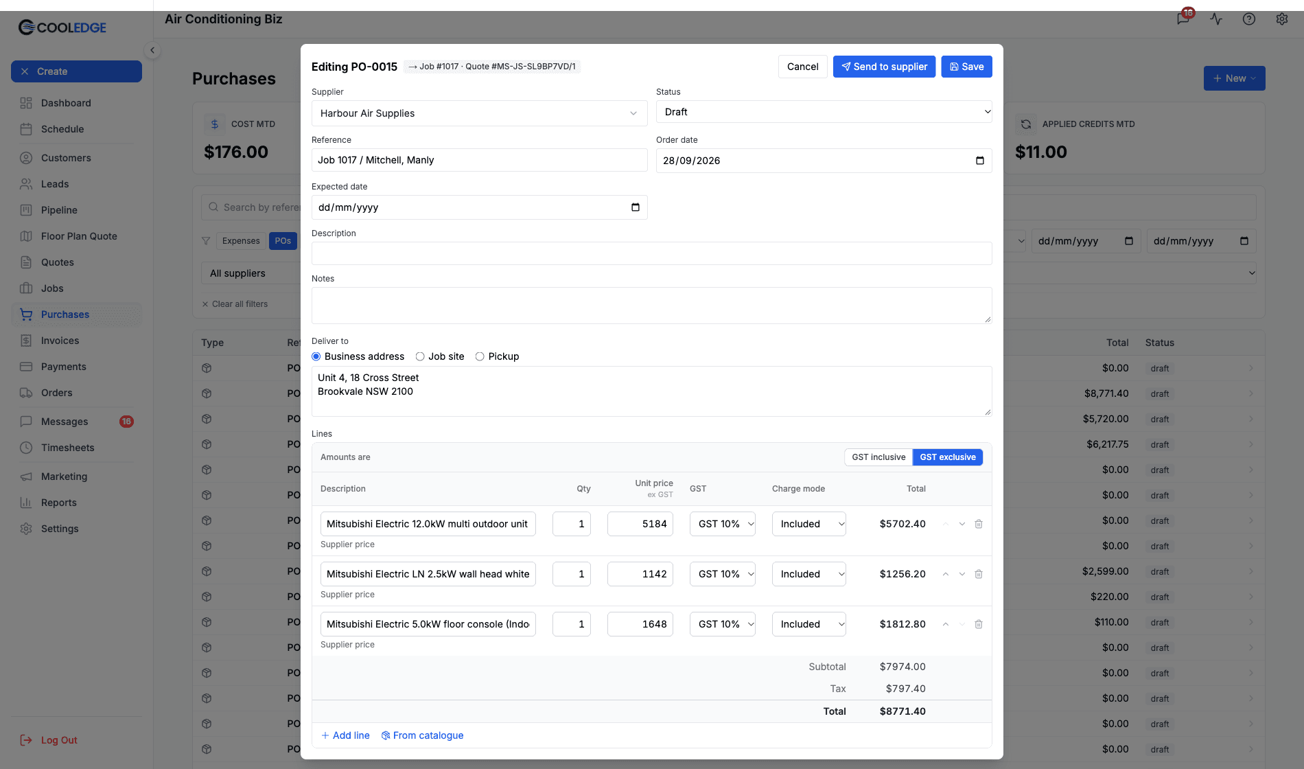 Purchase order editor with Deliver to, GST exclusive amounts and three lines priced from the supplier