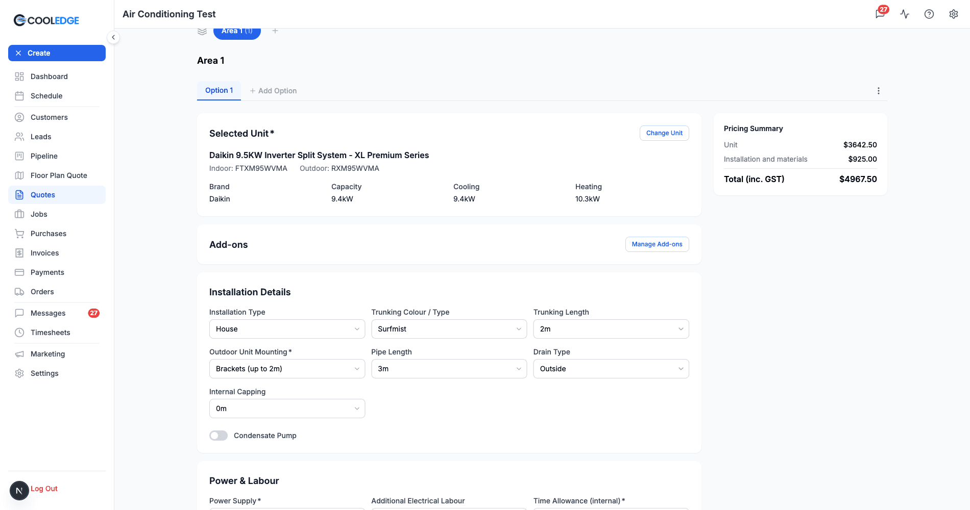 The portal split system editor, showing the selected unit, installation details and live pricing