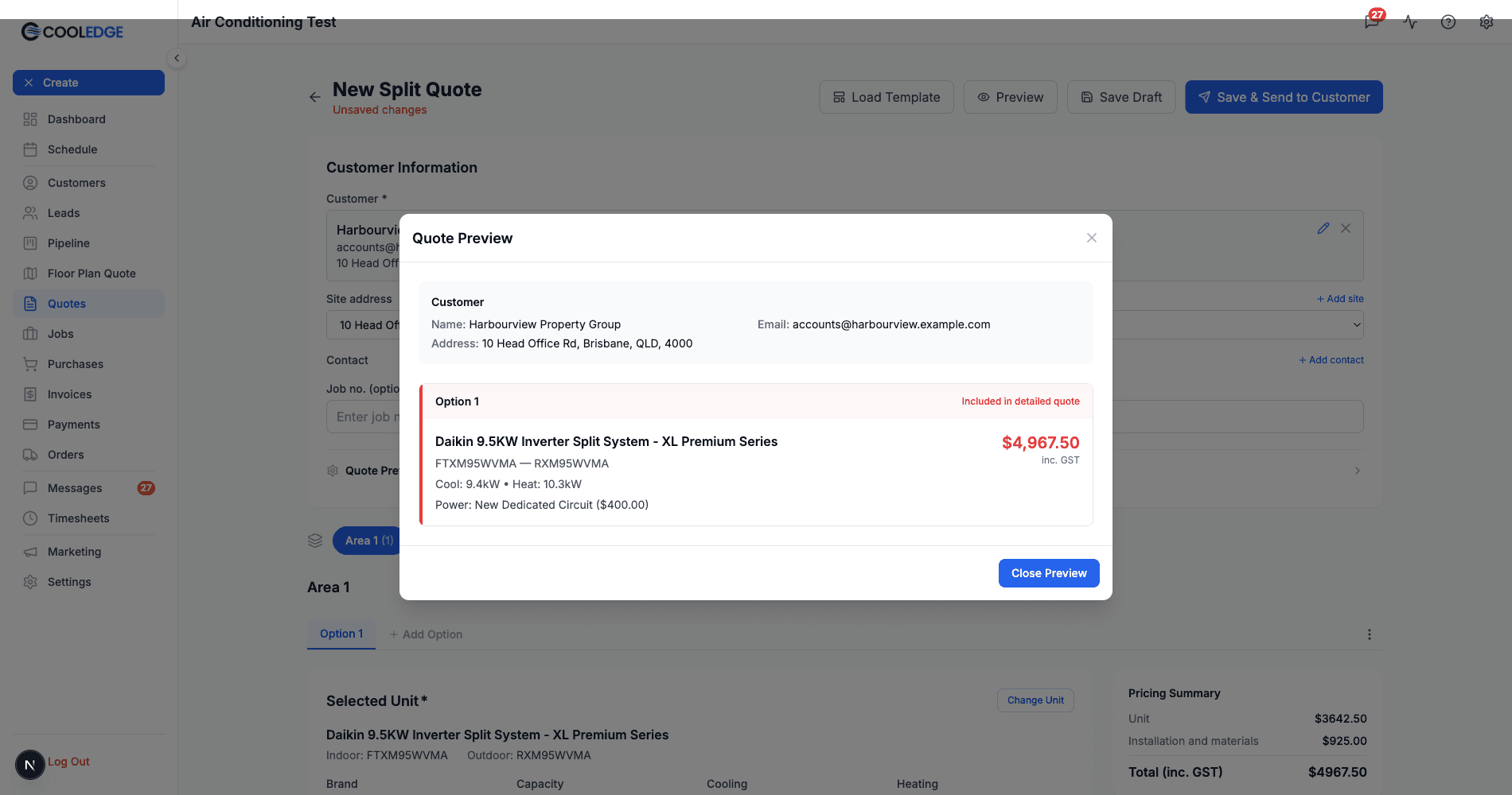 The Quote Preview modal in the portal, summarising the customer and each option