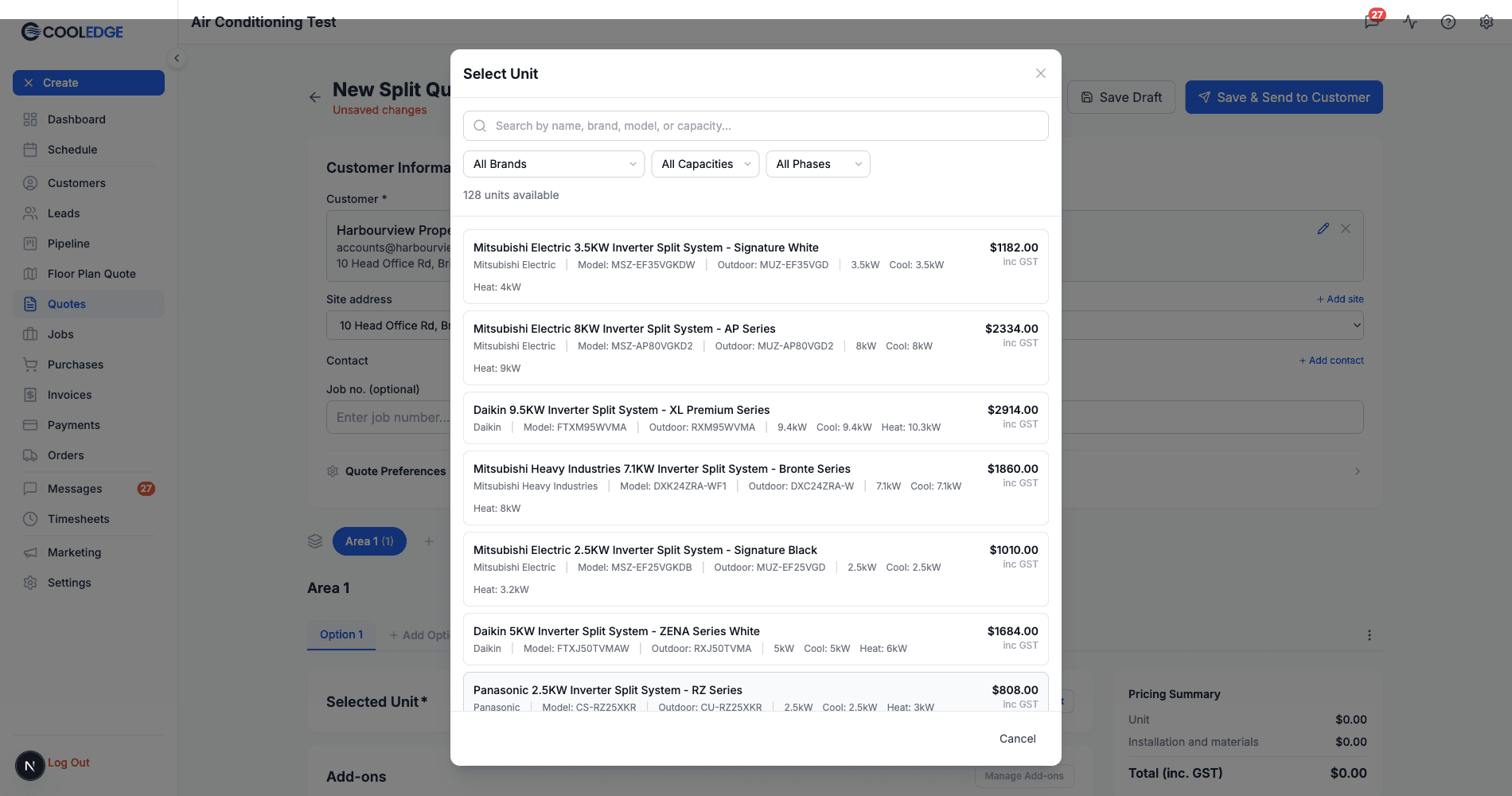 The Select Unit picker in the portal, listing units from your catalogue with prices