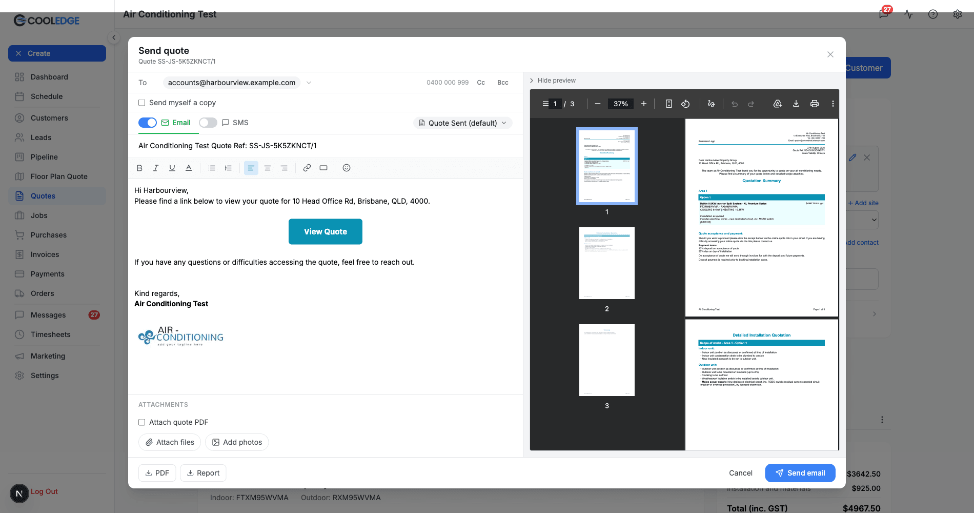 The portal send composer, with the editable email on the left and the quote PDF preview on the right