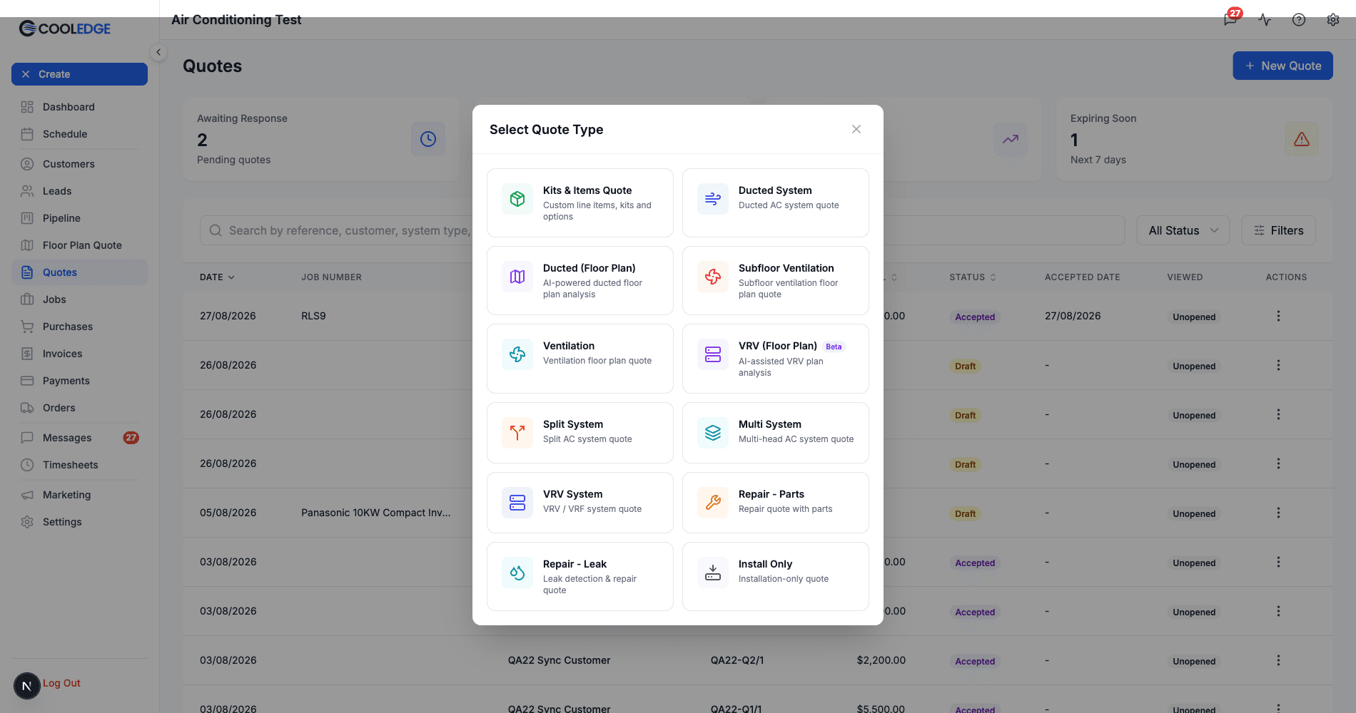The Select Quote Type modal in the portal, showing every available quote type