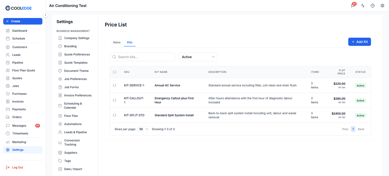 The Kits tab of the Price List, listing kits with their SKU, description, item count, flat price and status