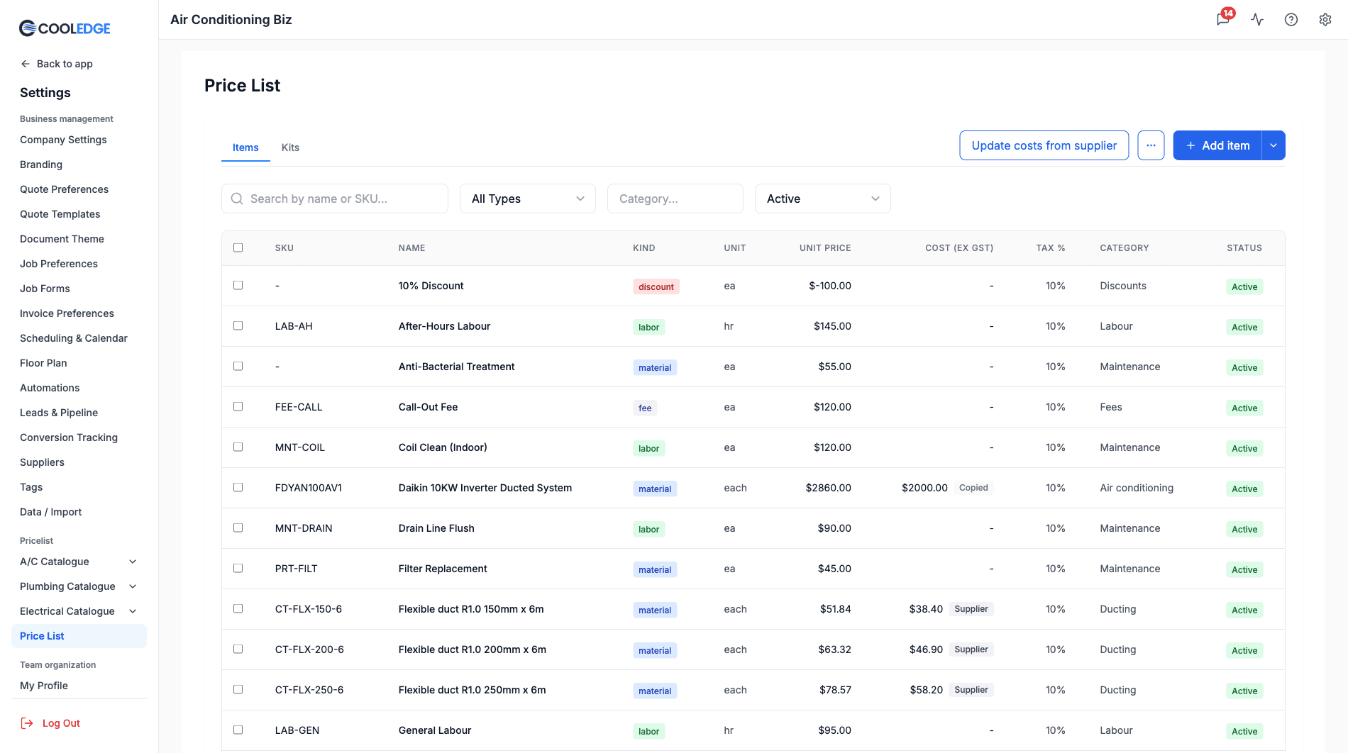 The Price List page in Settings, showing the Items tab with Update costs from supplier, the ⋯ (More actions) button (which holds Import CSV and Export CSV) and the Add item button above the search, filters and item table