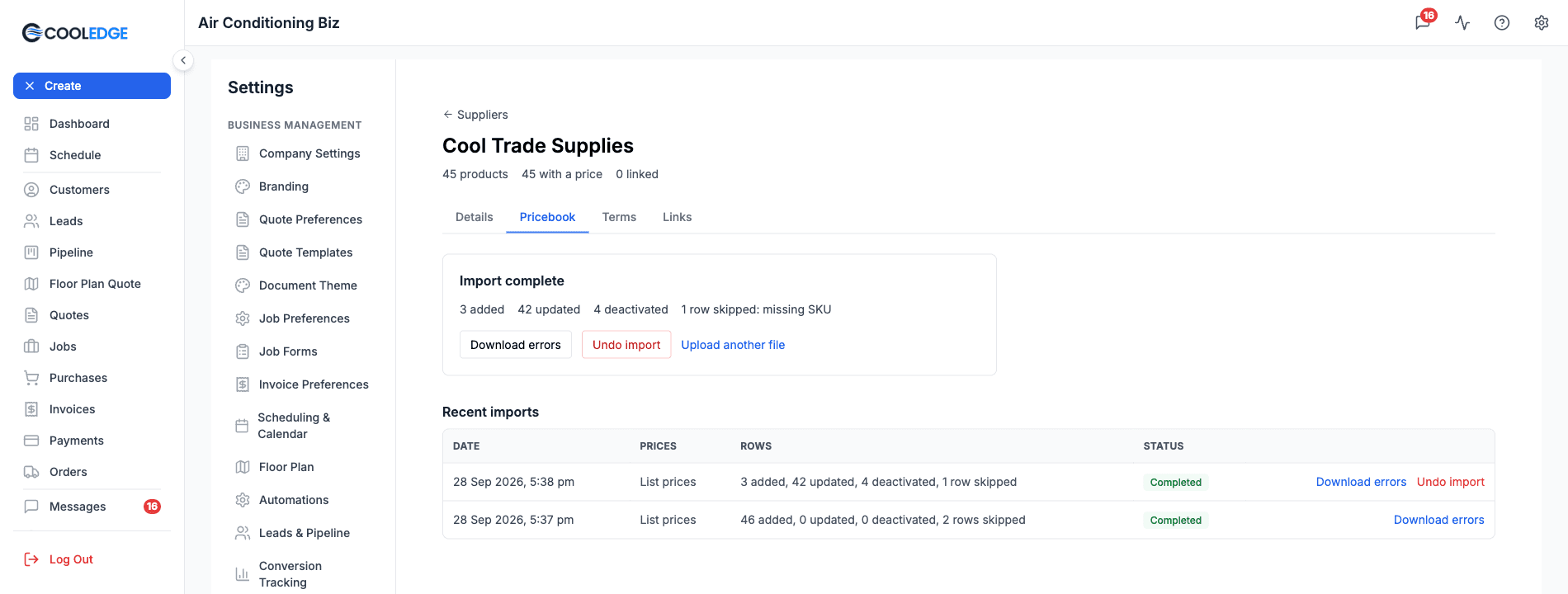 Import complete showing 3 added, 42 updated, 4 deactivated and 1 row skipped, with Download errors, Undo import and the Recent imports list
