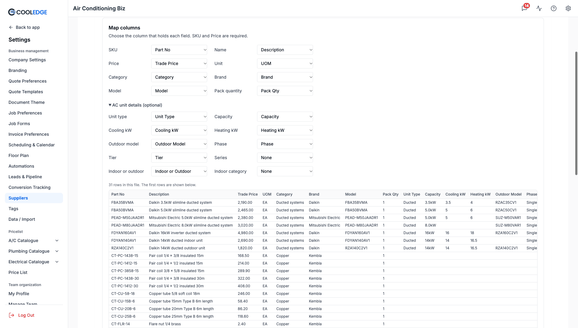 Map columns step matching a supplier's CSV headings to SKU, Price and more, with AC unit details open