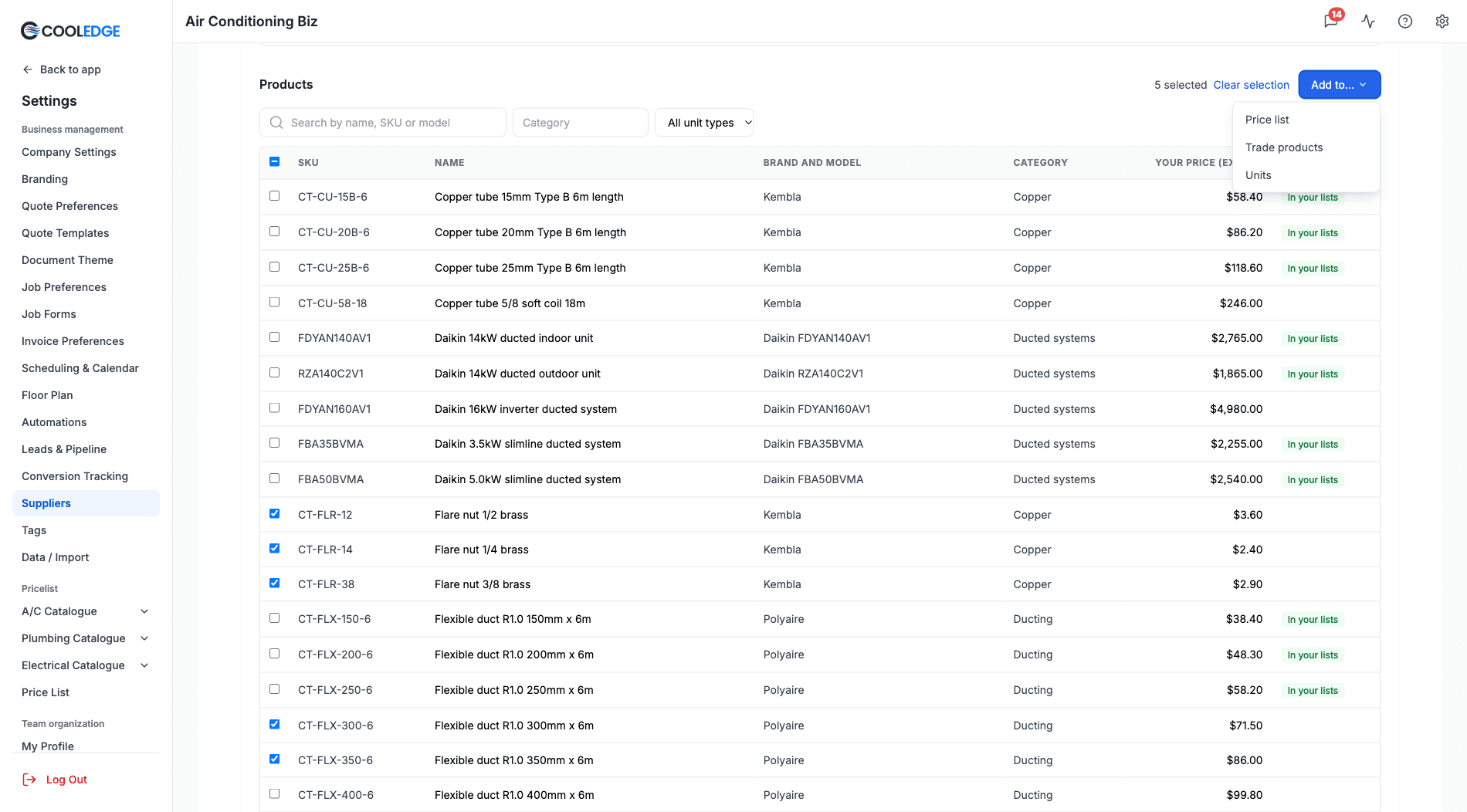 The Pricebook tab's Products list with several products ticked, In your lists badges and the Add to menu open