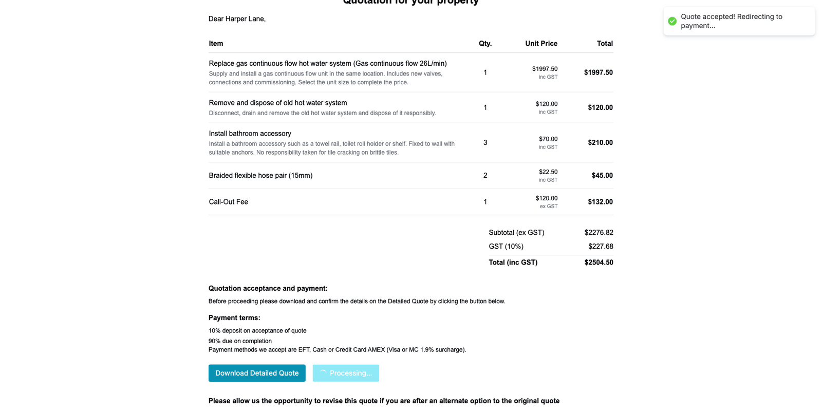 The public quote page a customer sees, with the accept flow