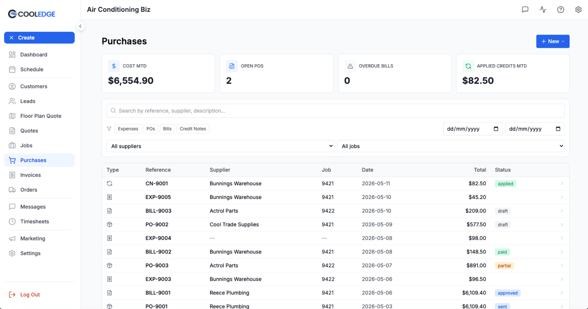 Portal Purchases hub showing a mix of expenses and POs with filters across the top