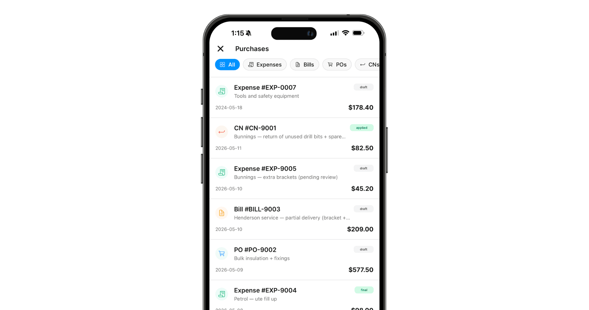 Mobile Purchases page showing the unified list of expenses, bills, POs and credit notes with filter pills across the top