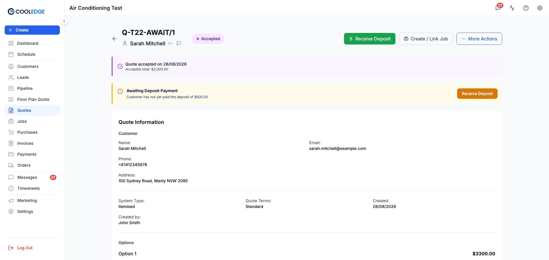 A portal quote detail page on an accepted quote, showing the Awaiting Deposit Payment panel with the Receive Deposit and Create / Link Job buttons