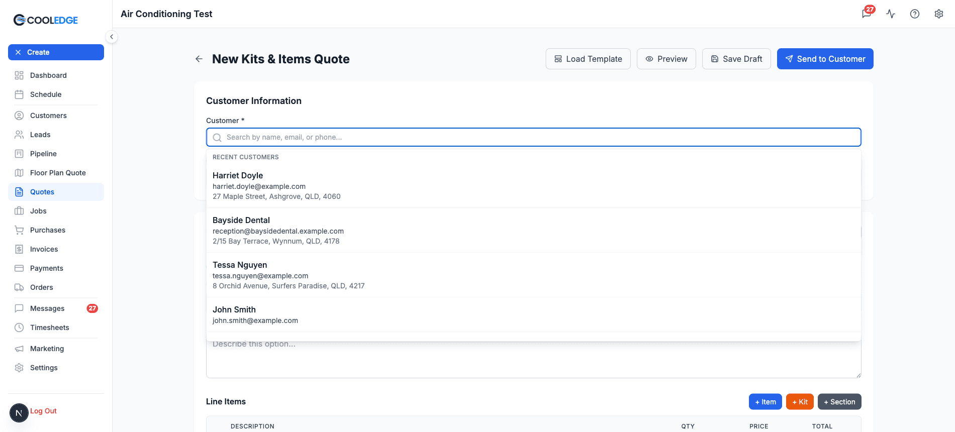 The customer field on a new quote, focused and empty, listing the five most recent customers