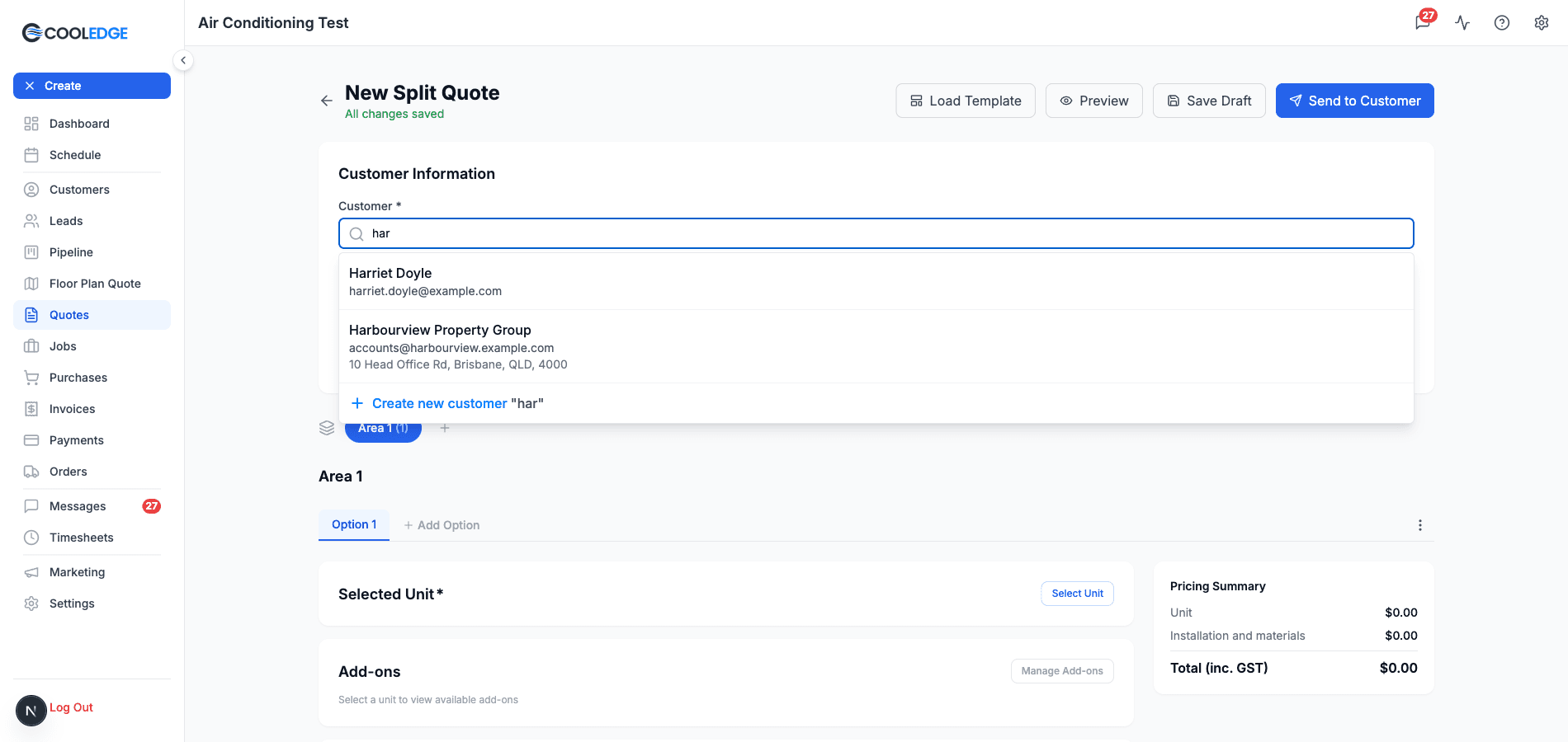 The customer search on a new quote, showing the name, email and address on each result