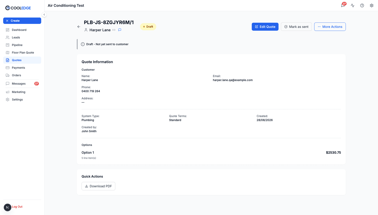 Quote detail page with a PLB reference and System Type Plumbing