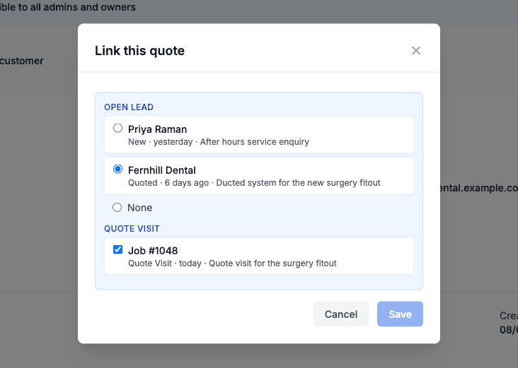 The Link this quote modal opened from Change, with the lead and quote visit options pre-ticked and a greyed out Save button
