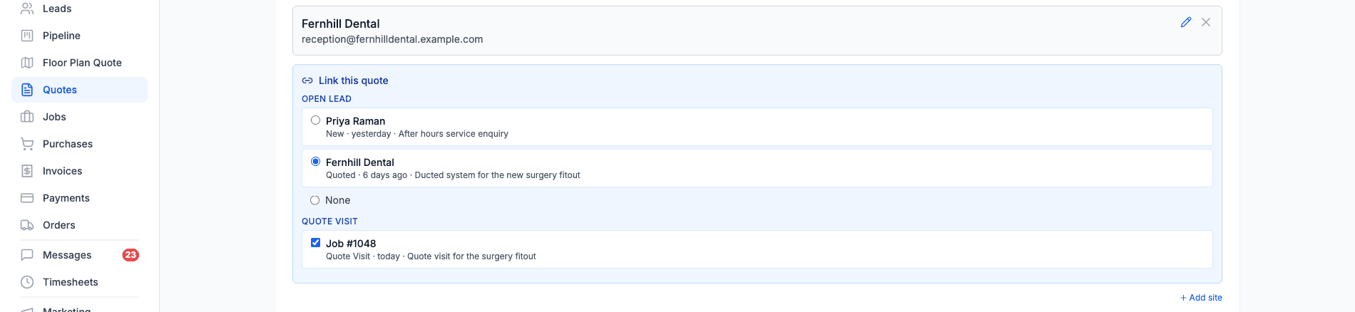 The Link this quote panel on a new quote, showing an Open lead section with two lead options plus a None option, then a Quote visit section with one ticked job