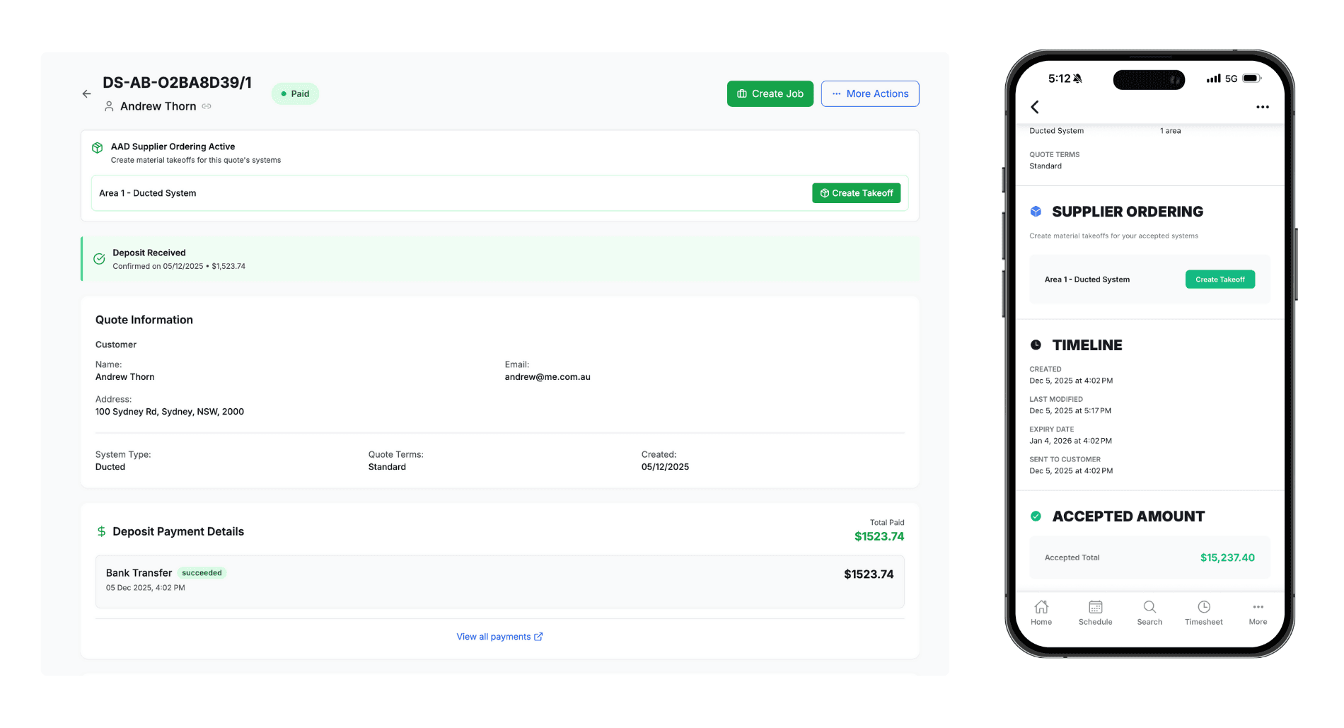 Quote page showing the Supplier Ordering section with Create Takeoff button