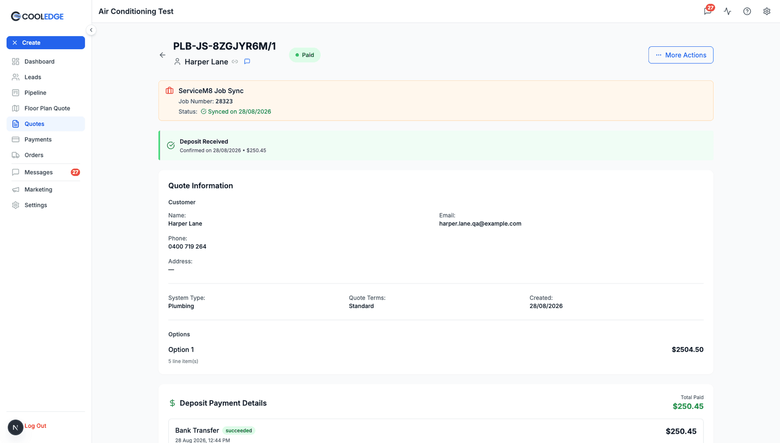 A paid plumbing quote showing the deposit received and the ServiceM8 job sync panel