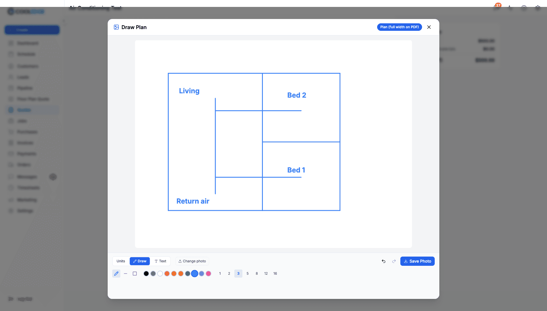 The portal photo editor open on a blank canvas titled Draw Plan, with the Plan (full width on PDF) chip switched on, a floor sketch labelled Living, Bed 1, Bed 2 and Return air, and the Units, Draw and Text tabs below