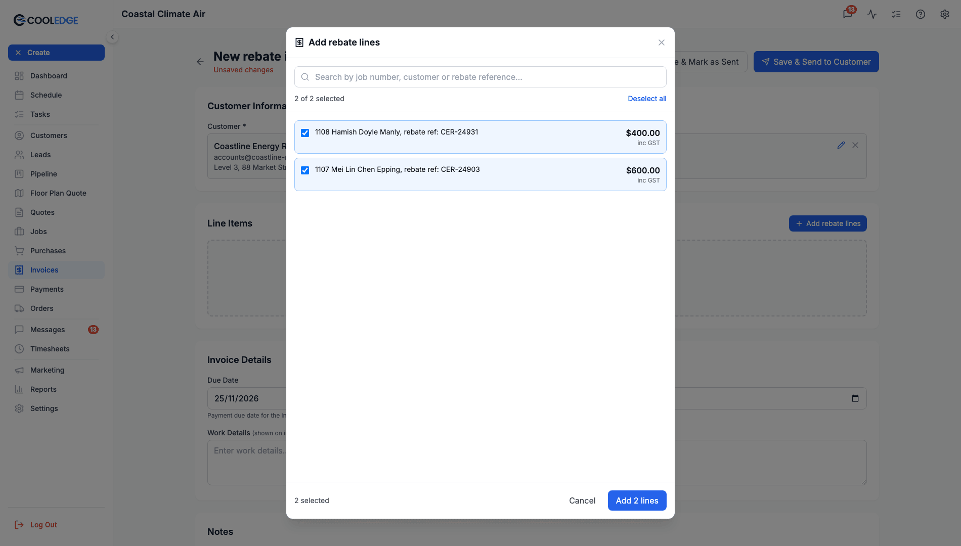 The New rebate invoice with the Add rebate lines window open and jobs ticked