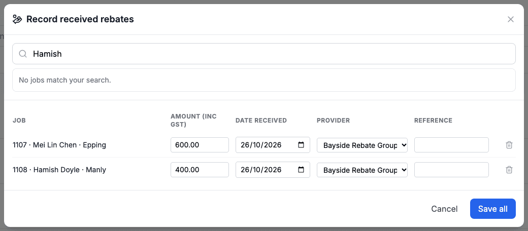 The Record received rebates window with two jobs added, each with its amount, date received and provider