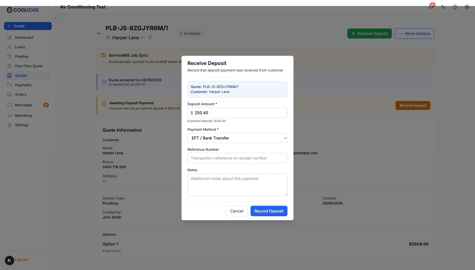 The Receive Deposit modal recording a deposit against the quote