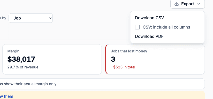 The Export menu with Download CSV, Download PDF and the CSV include all columns tick