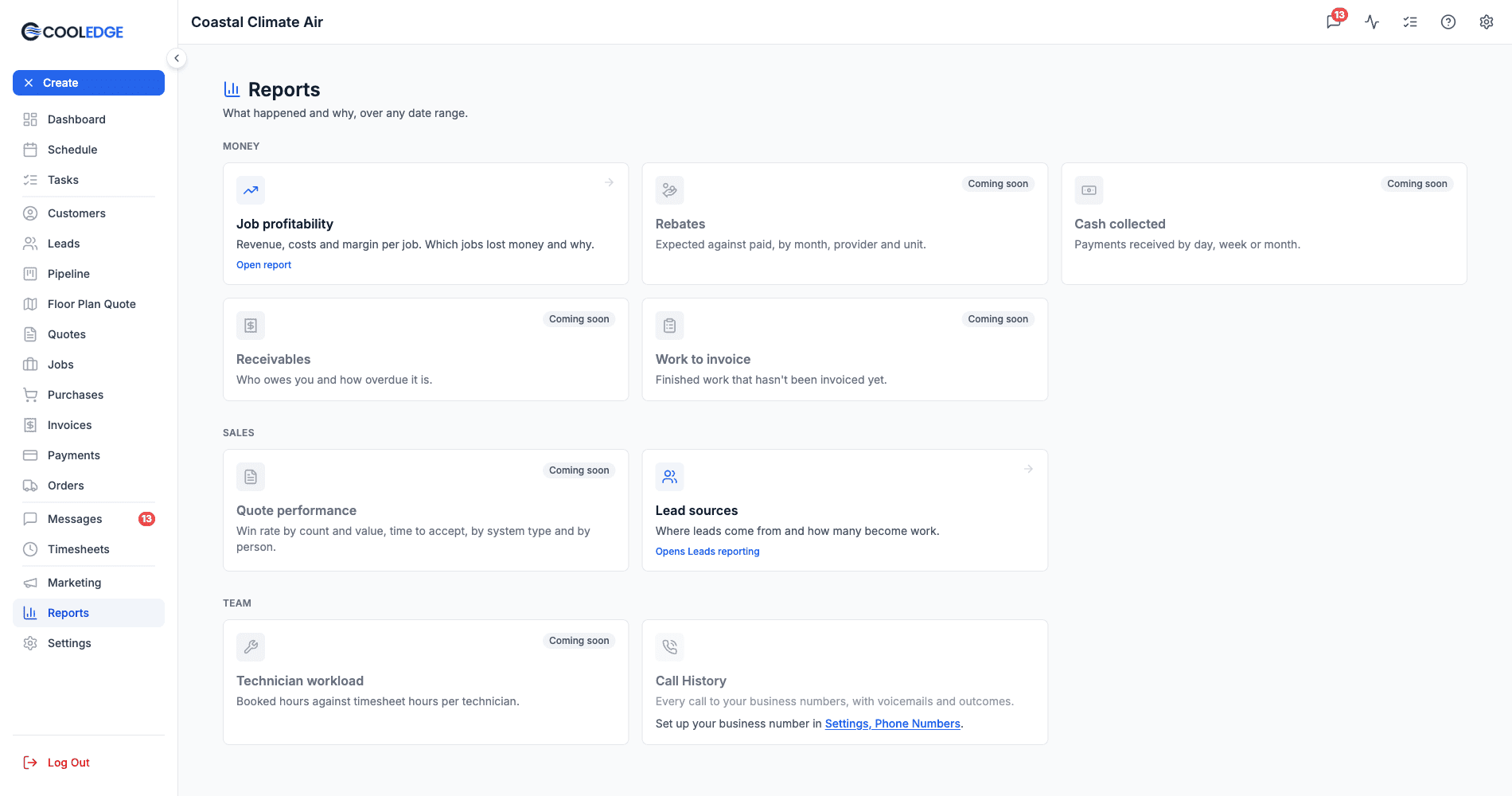 The Reports page with Money, Sales and Team sections and the Job profitability card