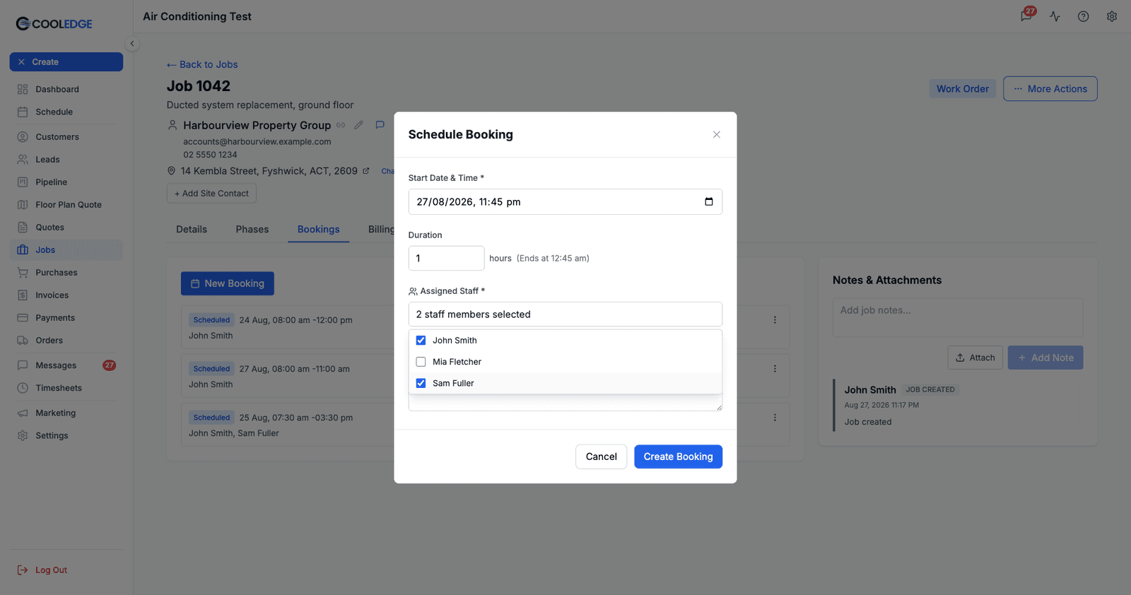The Schedule Booking modal on a job, with a start date and time, a duration in hours and the Assigned Staff list showing tickable team members