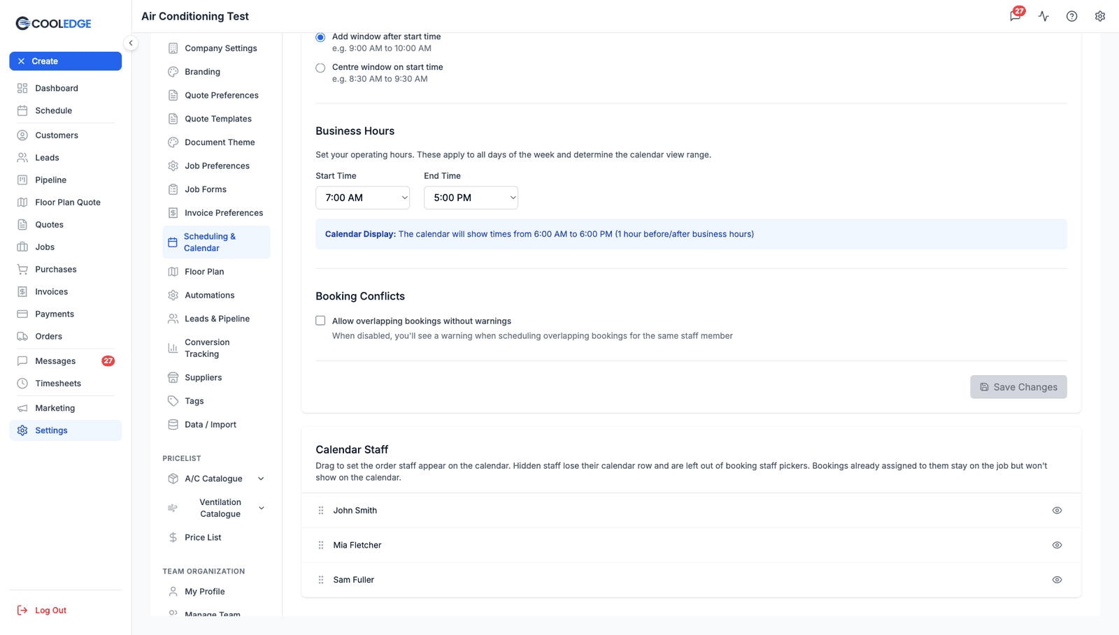 The Calendar Staff section of the Scheduling and Calendar settings, listing team members with their visibility