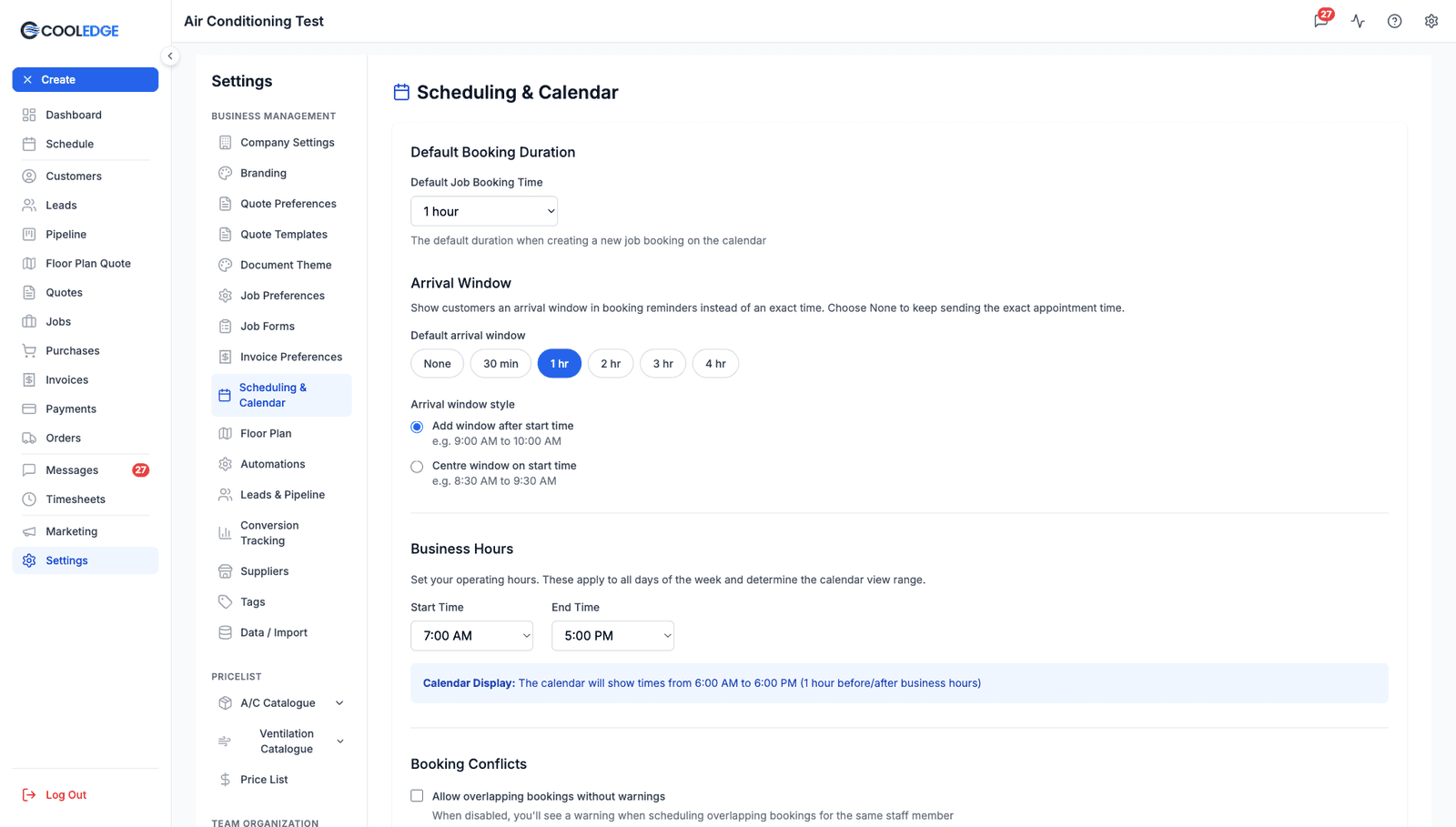 The Scheduling and Calendar settings page, showing the Default Booking Duration, Arrival Window, Business Hours and Booking Conflicts sections