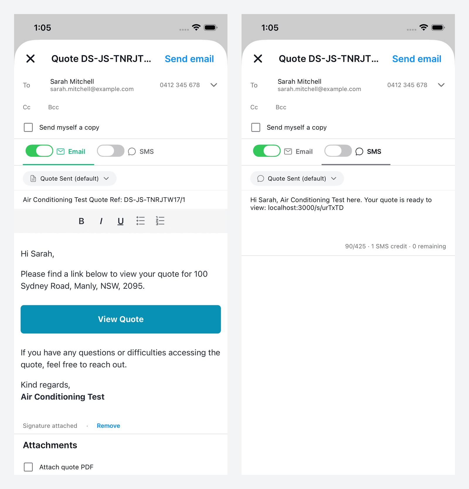Two mobile send screens side by side, the email tab showing Signature attached with a Remove link, and the SMS tab showing the message and the character count