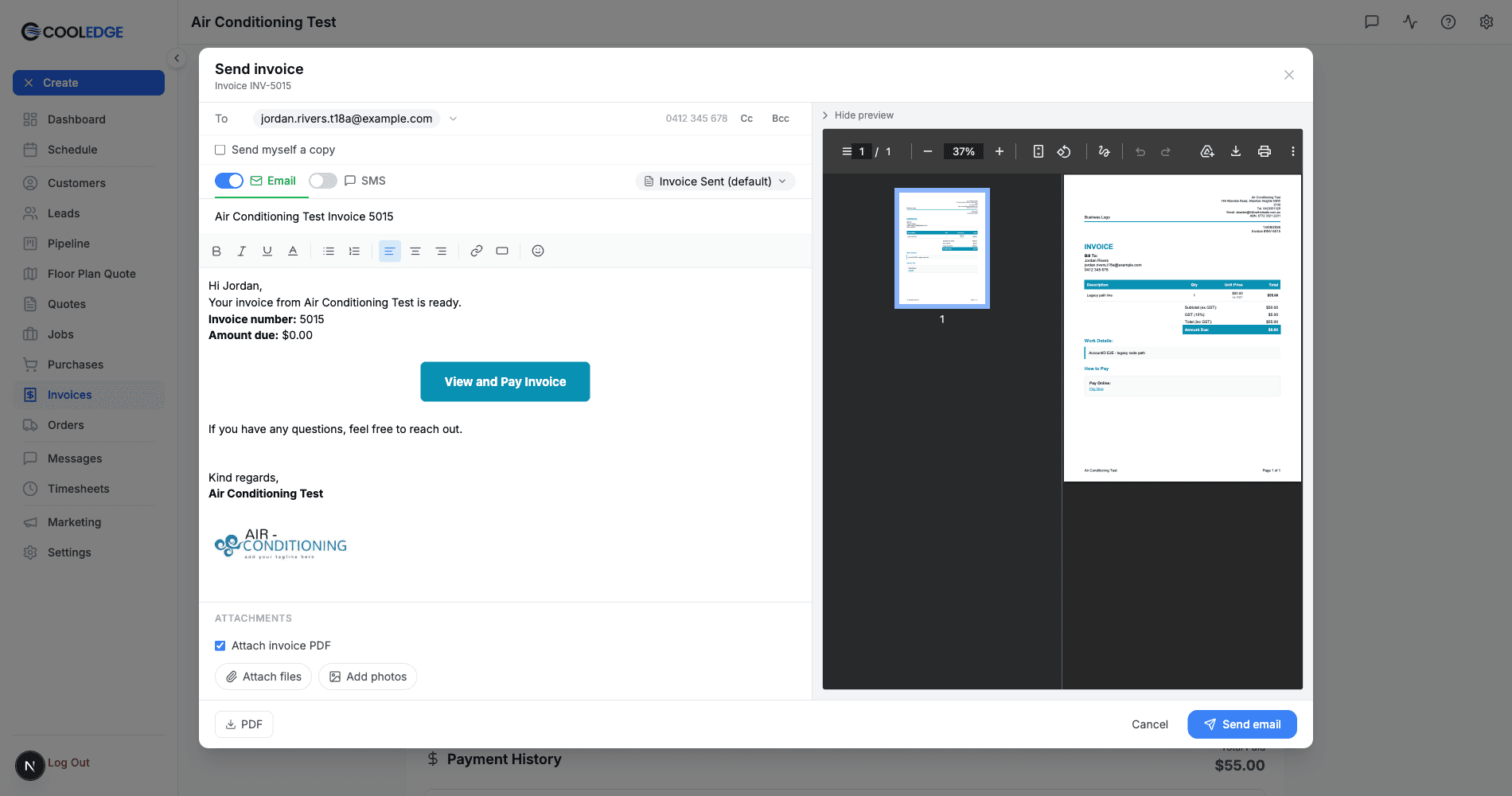 Portal send composer for an invoice, showing the To, Cc and Bcc row, the Email and SMS tabs, the template pill, the email body with the signature, the attachments list and the PDF preview on the right