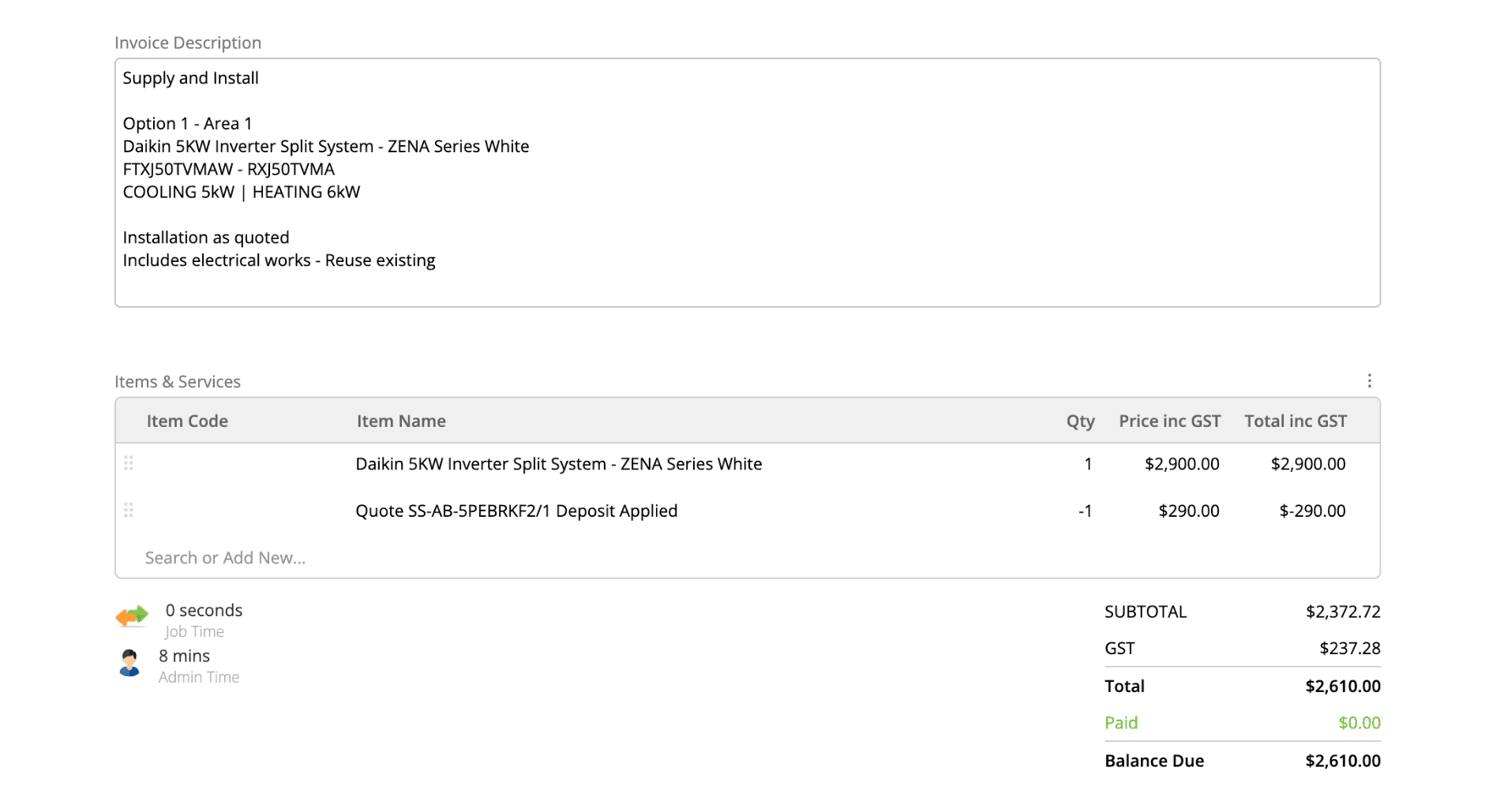 A ServiceM8 job card after a quote was accepted, with the invoice description filled out from the quoted works and the items and services table showing the synced unit line plus a negative deposit-applied line