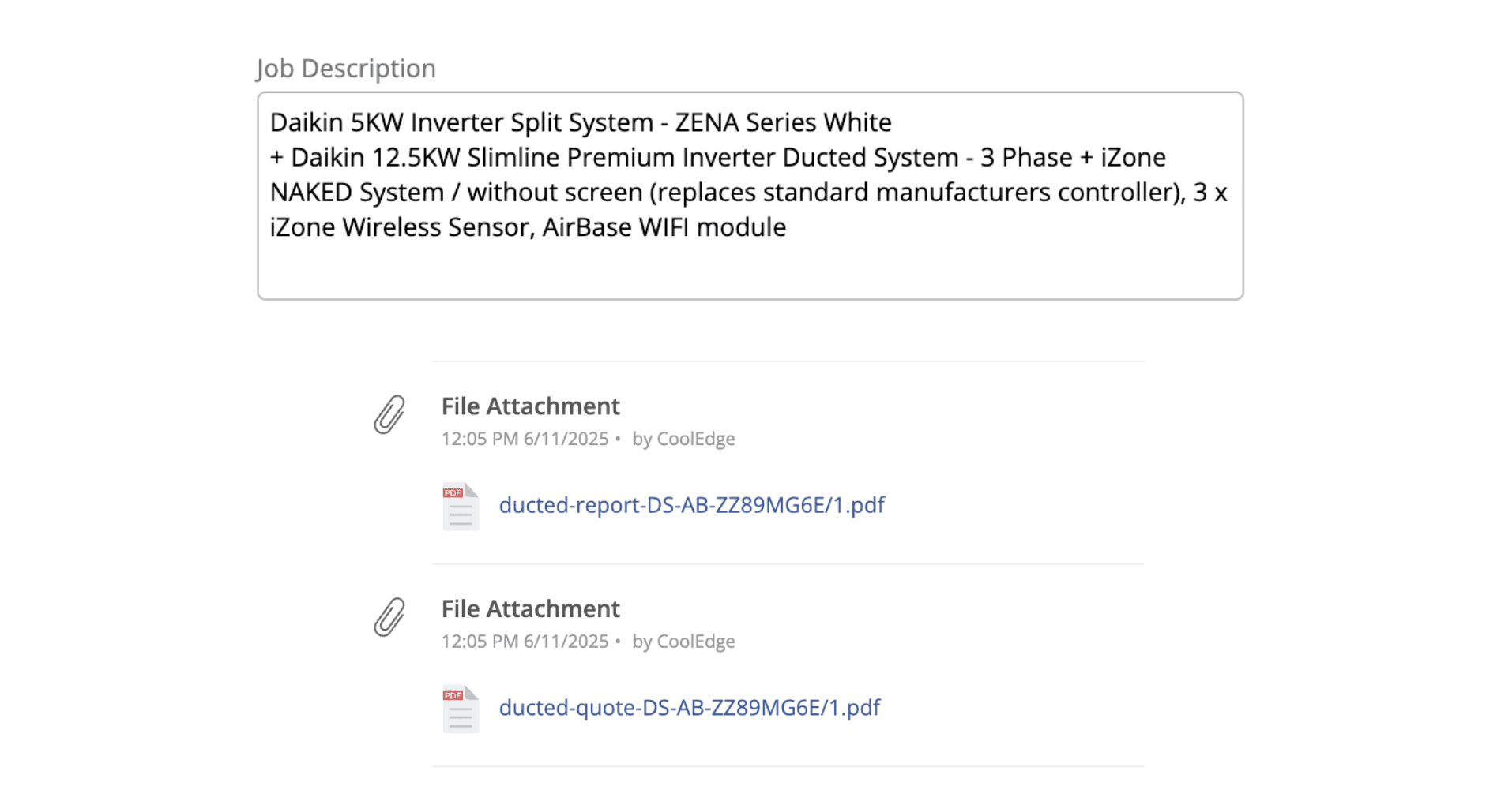 A ServiceM8 job with its description auto-filled from the quoted systems and two PDF attachments uploaded by Cooledge in the job diary, a ducted report and a ducted quote
