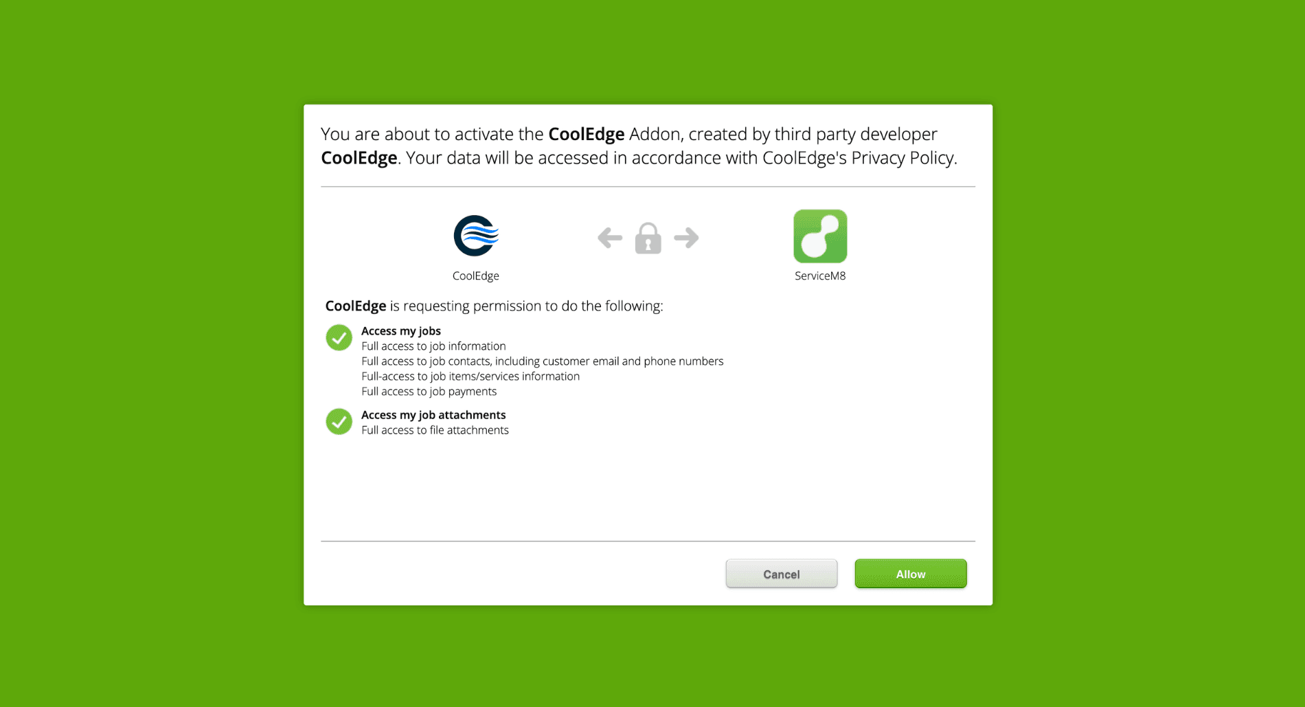 The ServiceM8 authorisation screen showing Cooledge requesting access to jobs and job attachments, with a list of the permissions and Cancel and Allow buttons