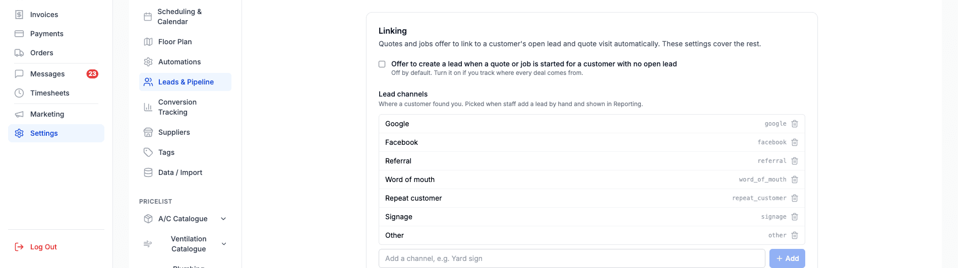 The Linking section of Settings, Leads and Pipeline, with the offer to create a lead toggle and the list of lead channels