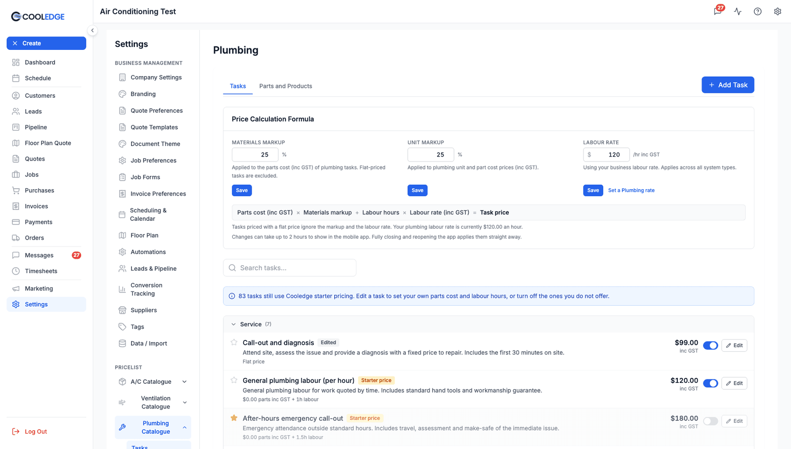 The Plumbing Tasks page showing the Price Calculation Formula card, the starter pricing banner and task rows grouped by category