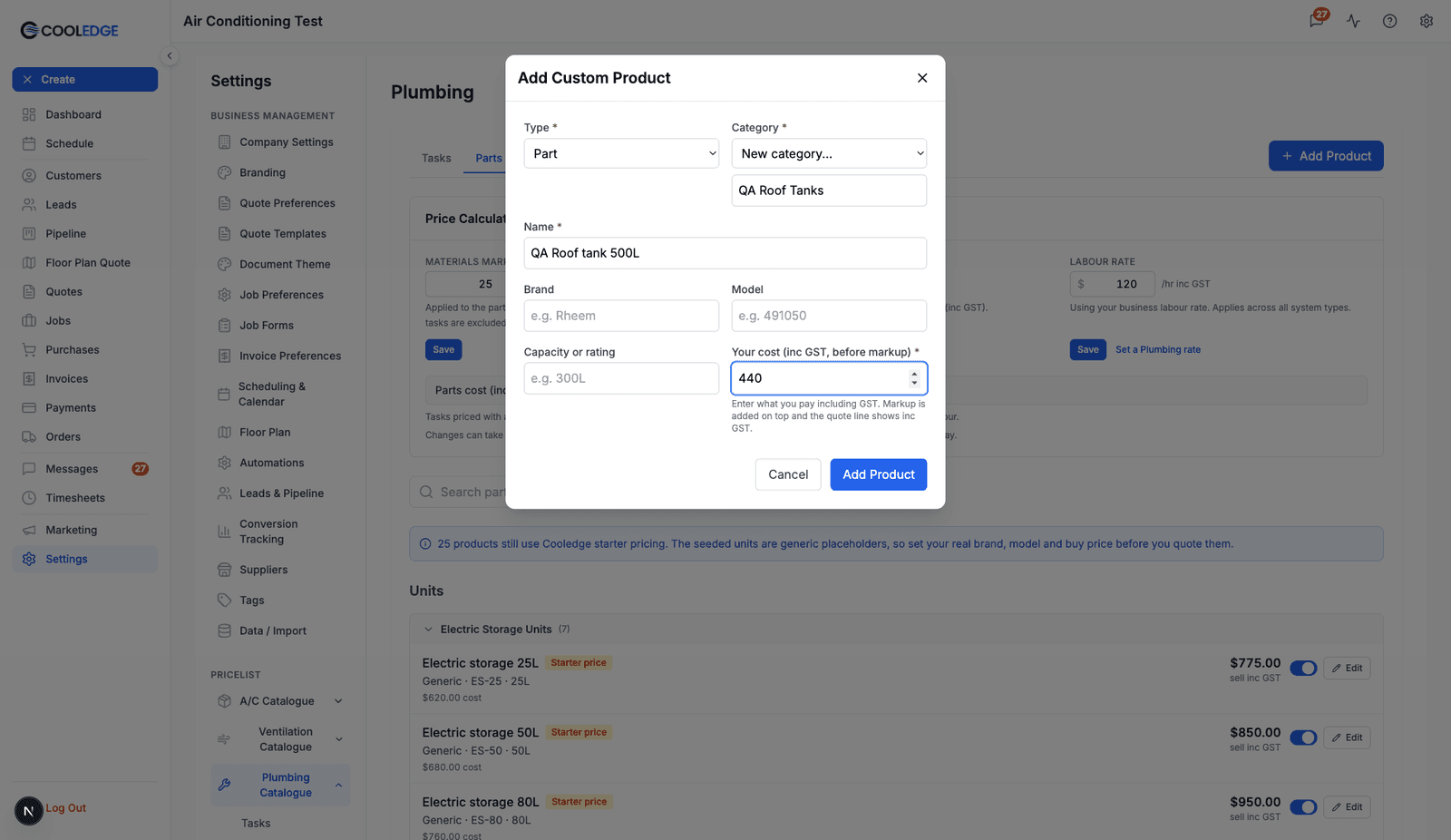 The Add Custom Product modal with New category chosen and a free-text category name typed in, above the products starter pricing banner