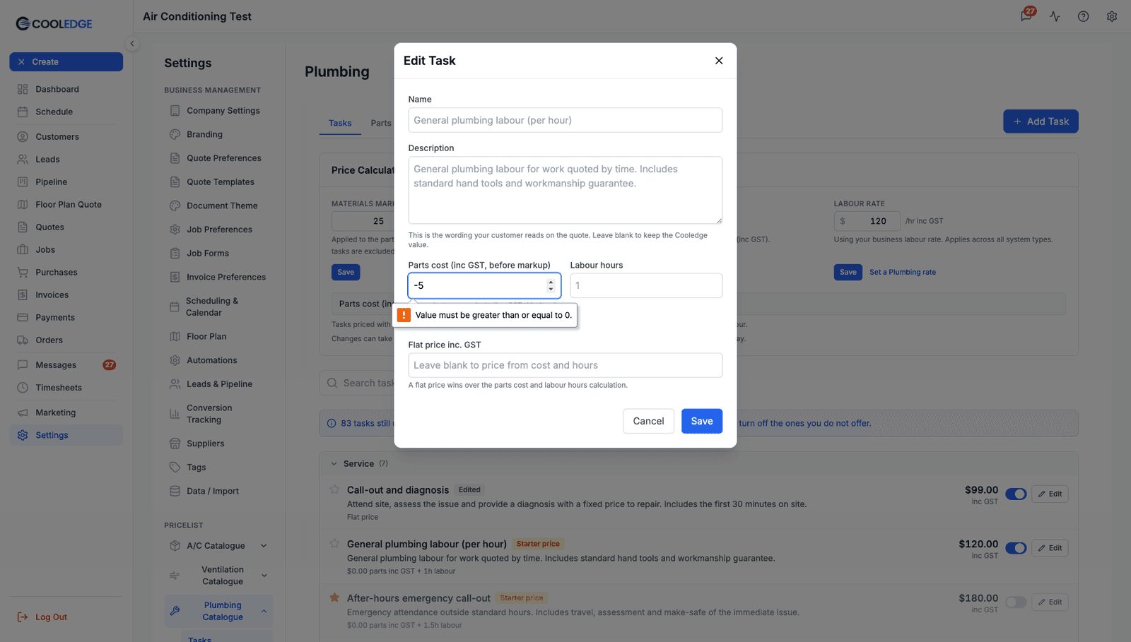 The Edit Task modal refusing a negative parts cost with the message Value must be greater than or equal to 0