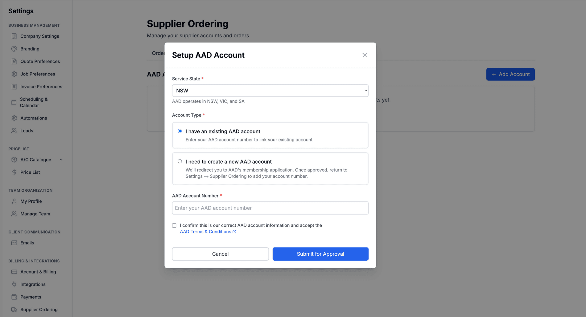 Supplier account setup modal showing state selection and account options