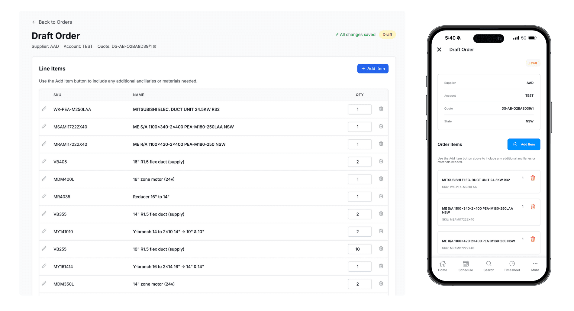 Takeoff editor showing item list with quantities and delivery options
